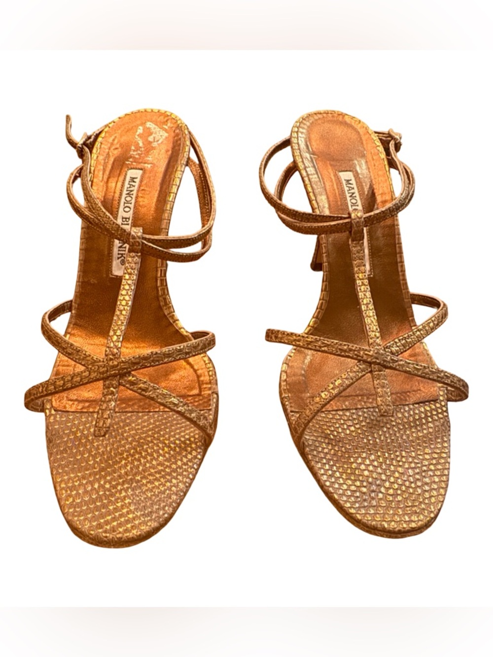 Manolo Blahnik Metallic Gold Strappy Slingback Heels - Picture 2 of 9